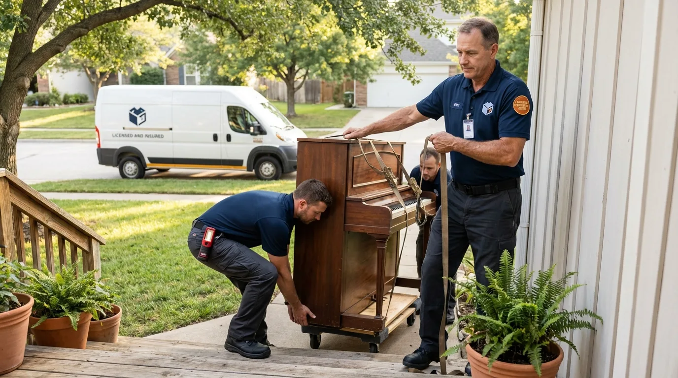 Licensed piano movers securing grand piano in Eagle Lake, FL