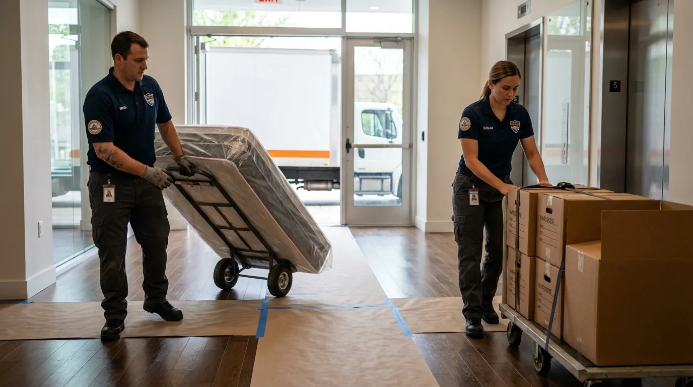 Professional apartment movers loading elevator in Eagle Lake, FL