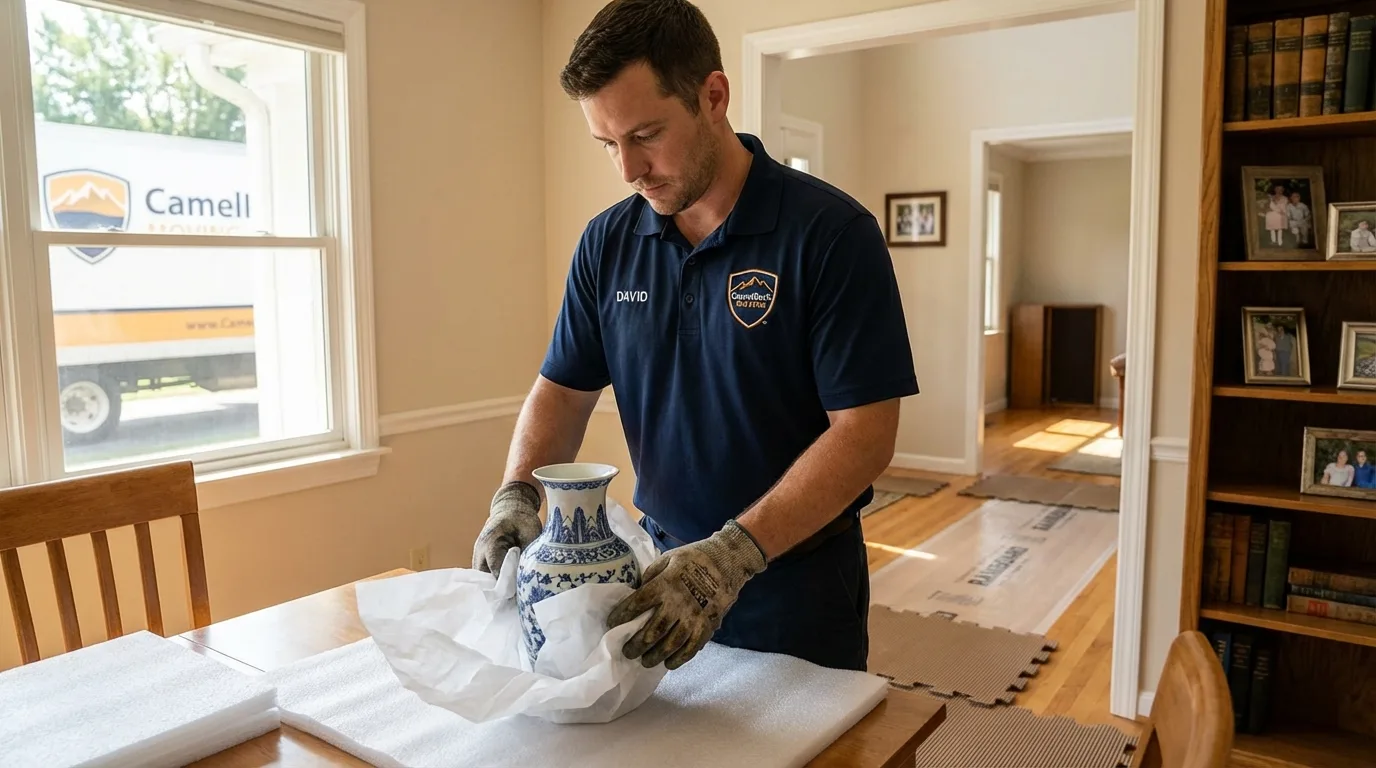 Professional crew carefully wrapping antique vase for senior downsizing move in Eagle Lake, FL